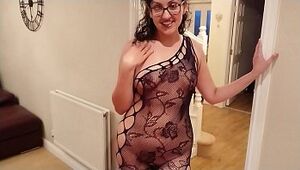 Sexy exhibitionist girl next door in black fishnet body stocking wants cream but gets fucked and oral creampie instead sloppy blowjob POV Indian