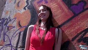 Cremapie in sunny day in public for super skinny babe